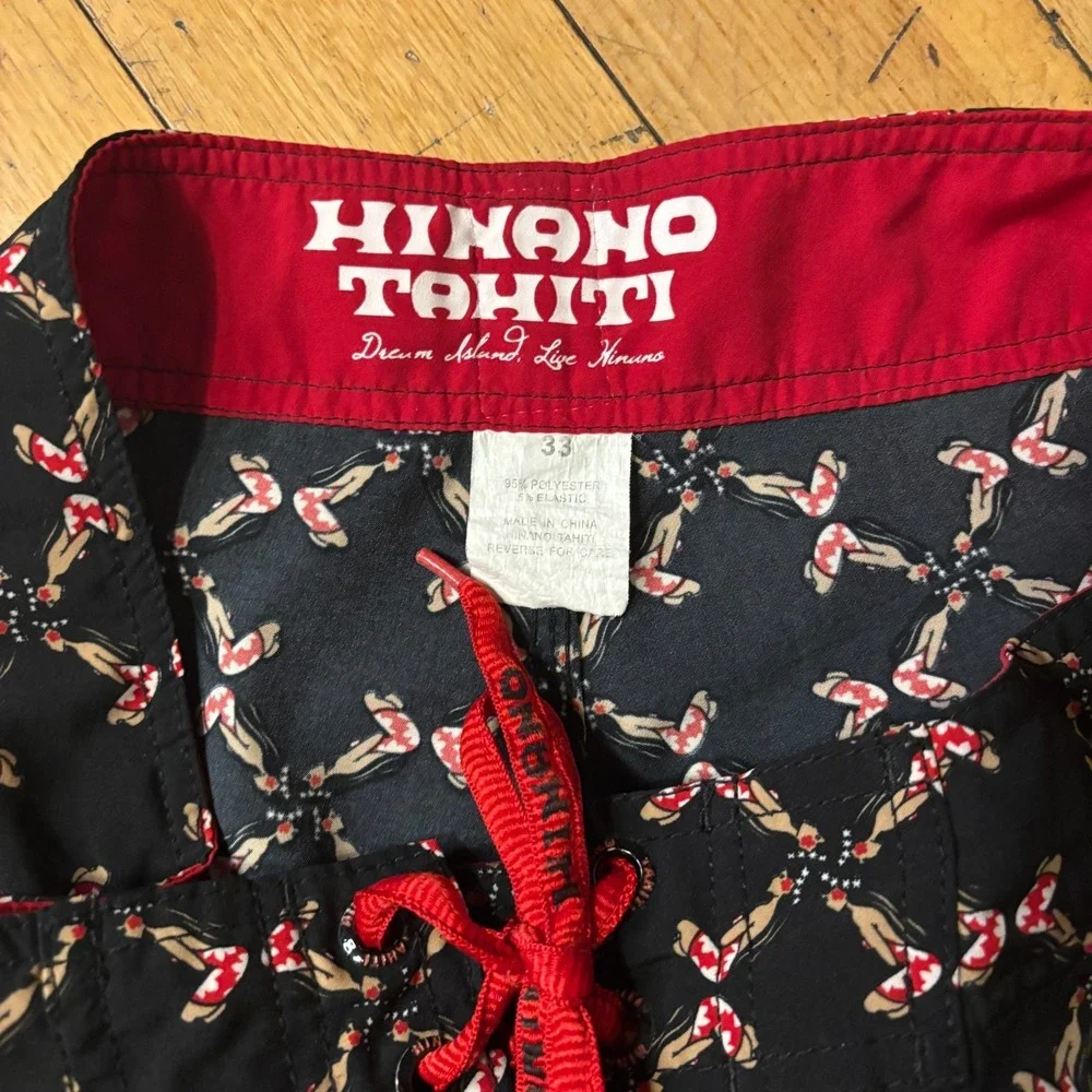 Hinano Tahiti Boardshorts Men 33 Black Red Hinano Hula Girl Print Surf Swim